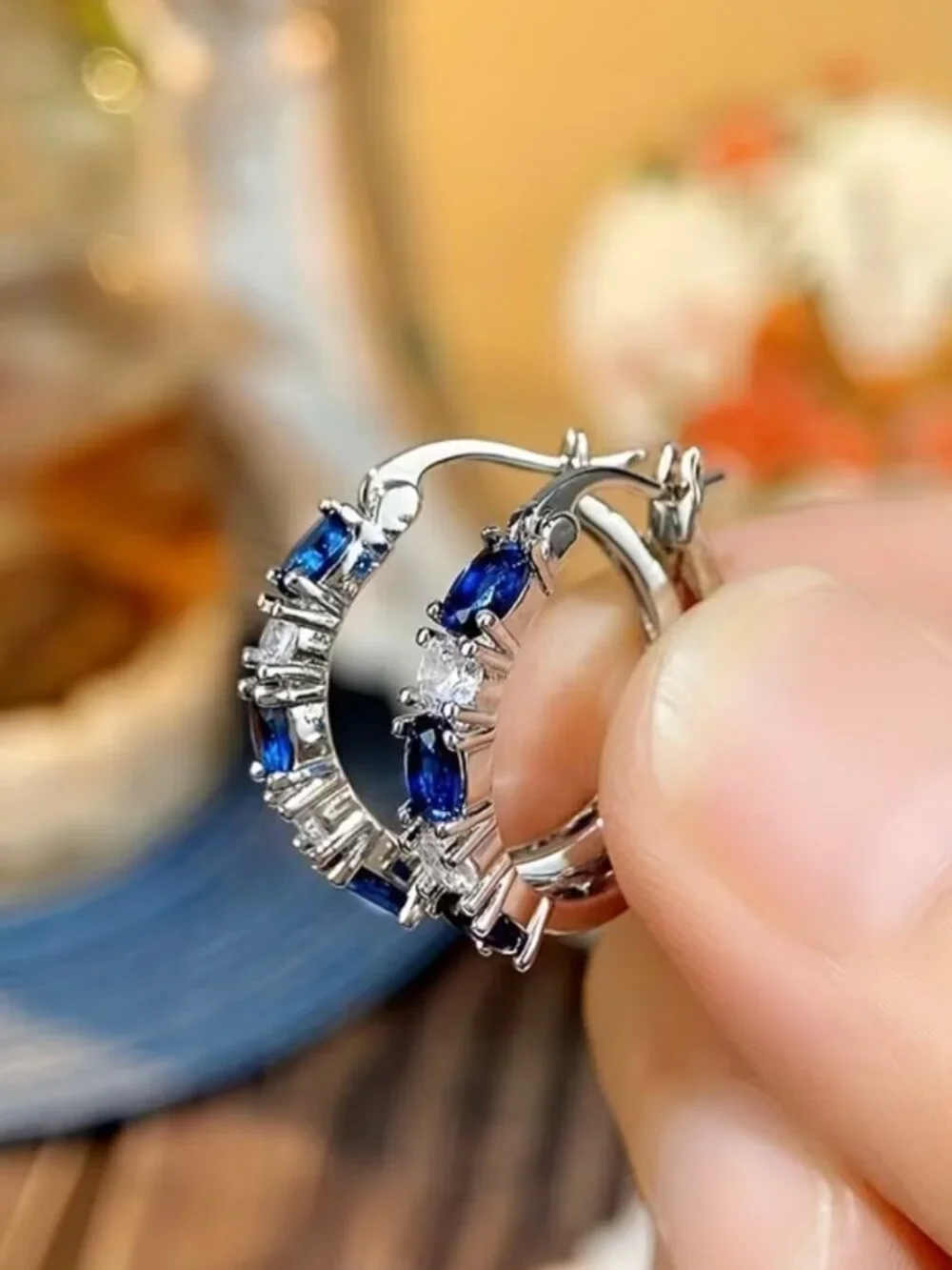Blue & White Synthetic Sapphire Hoop Earrings Nickel Free Plating December Birth